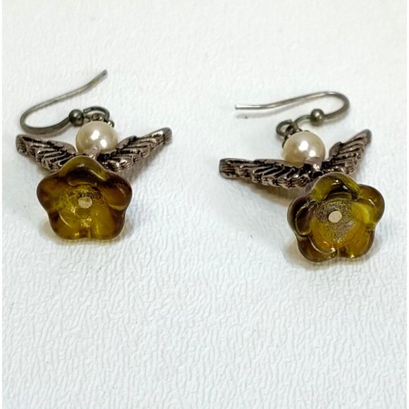 Angel Wing Earring Handcrafted Yellow Glass Flower Bead Faux Pearls Silver Hooks - Picture 3 of 4